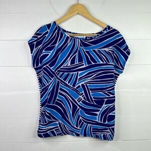 LIZ CLAIBORNE Blue White Abstract Wave Striped Scoop Neck Cap Sleeve Top Size‎ S